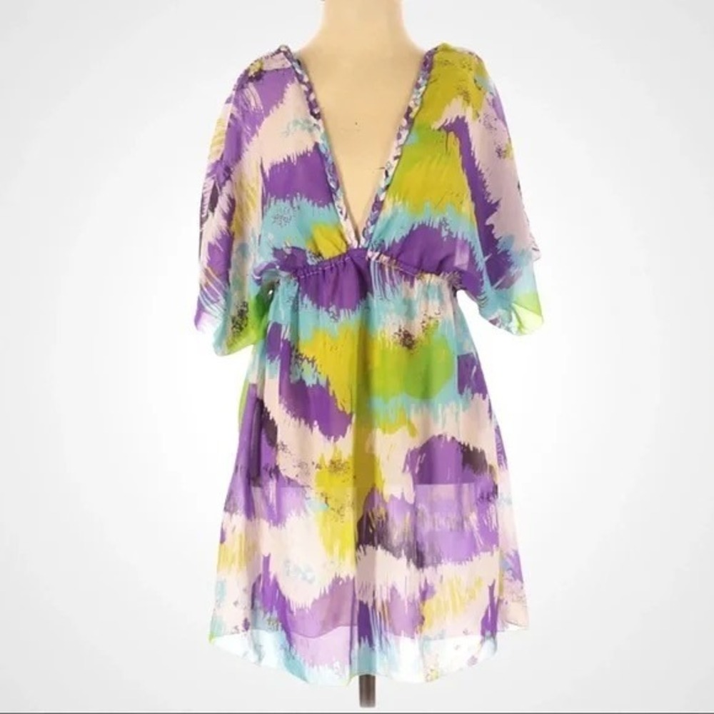 Miken Women Purple Green Abstract Print‎ V-Neck Swim Cover Up Dress Small